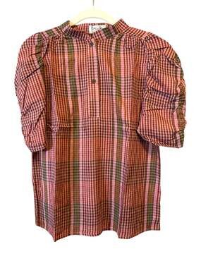Tulip Plaid Puff Sleeve Henly Top Pink and Green Gingham